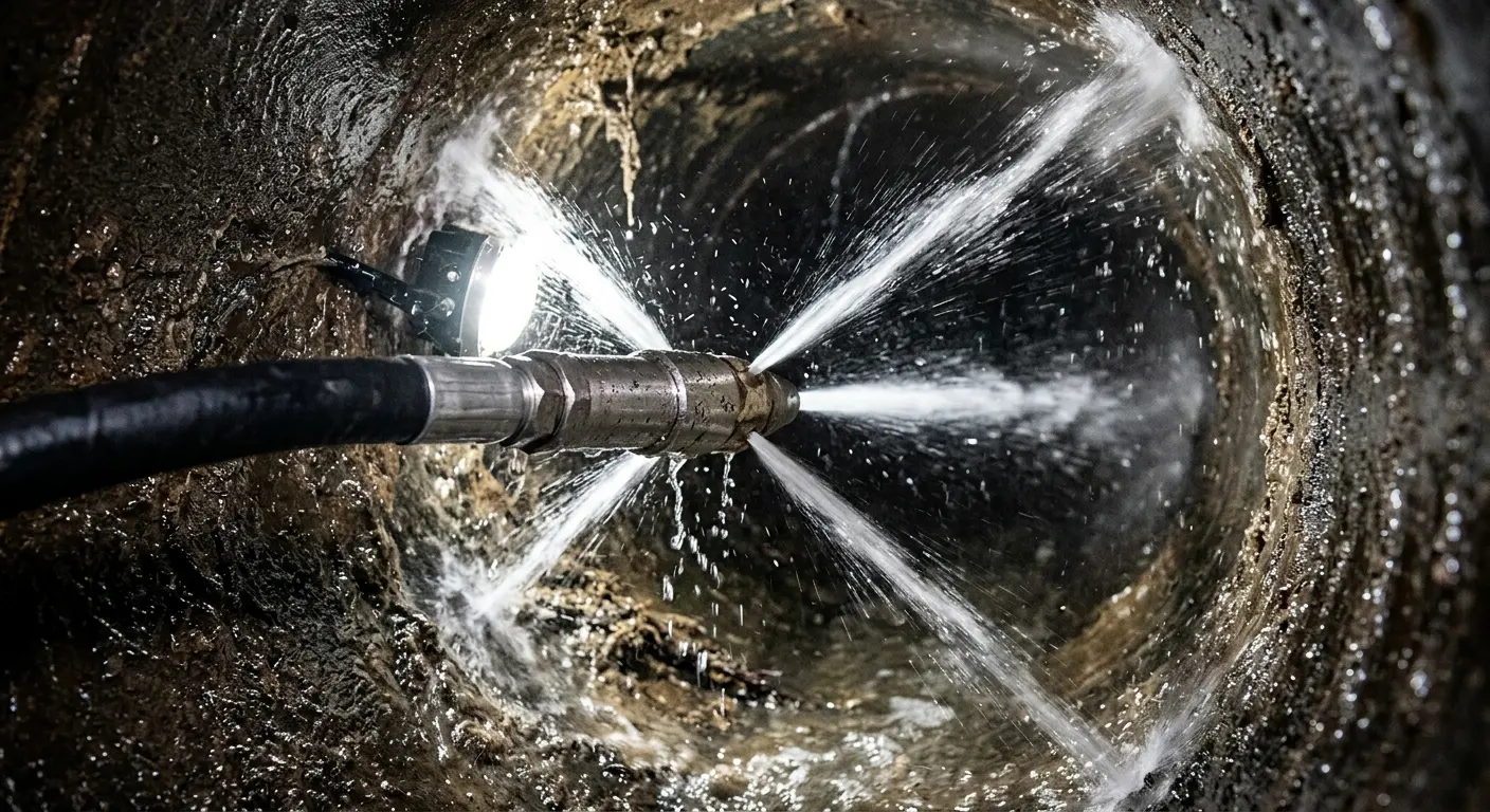 High-pressure hydro jetting nozzle cleaning sewer pipe for Trenchless Sewer Repair in East Alton