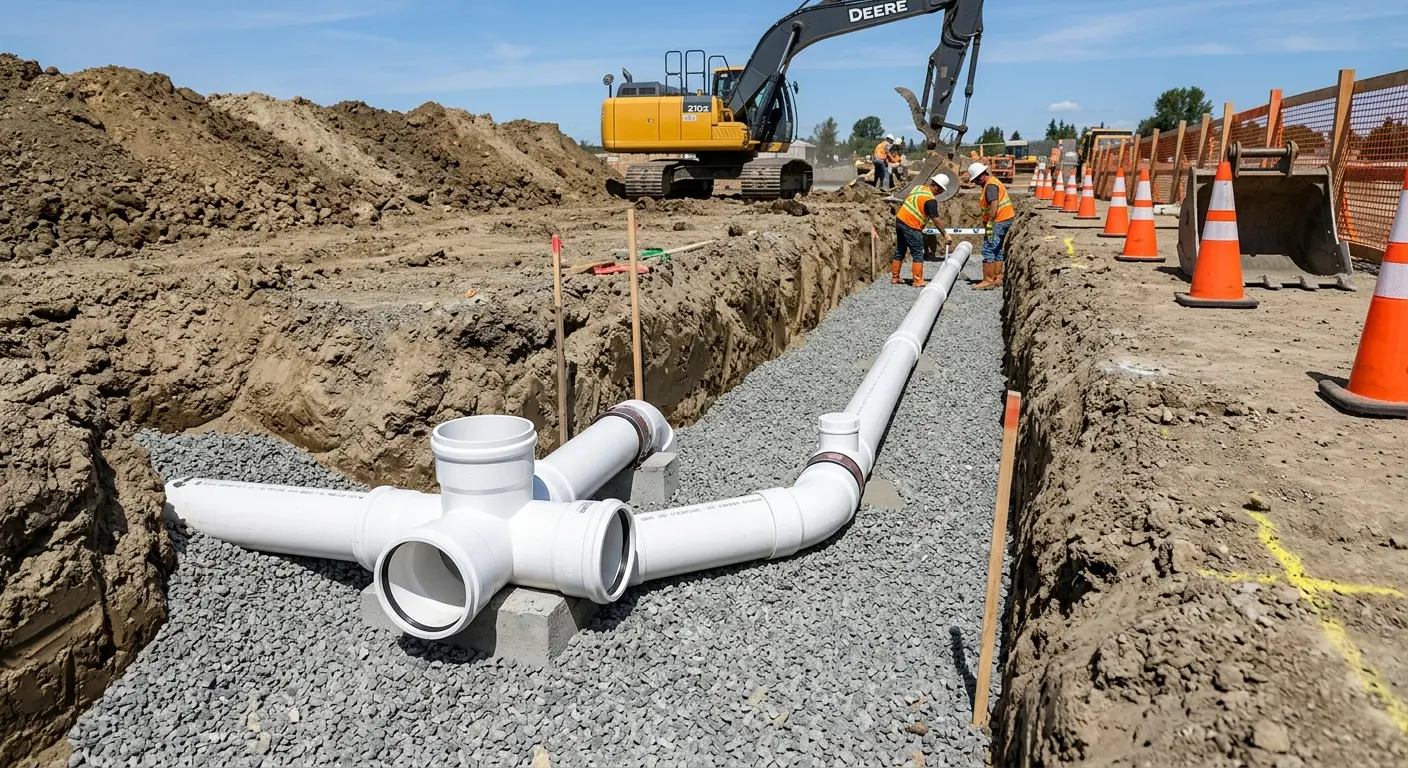 New PVC sewer pipe installation in open trench for Sewer Backup in East Alton
