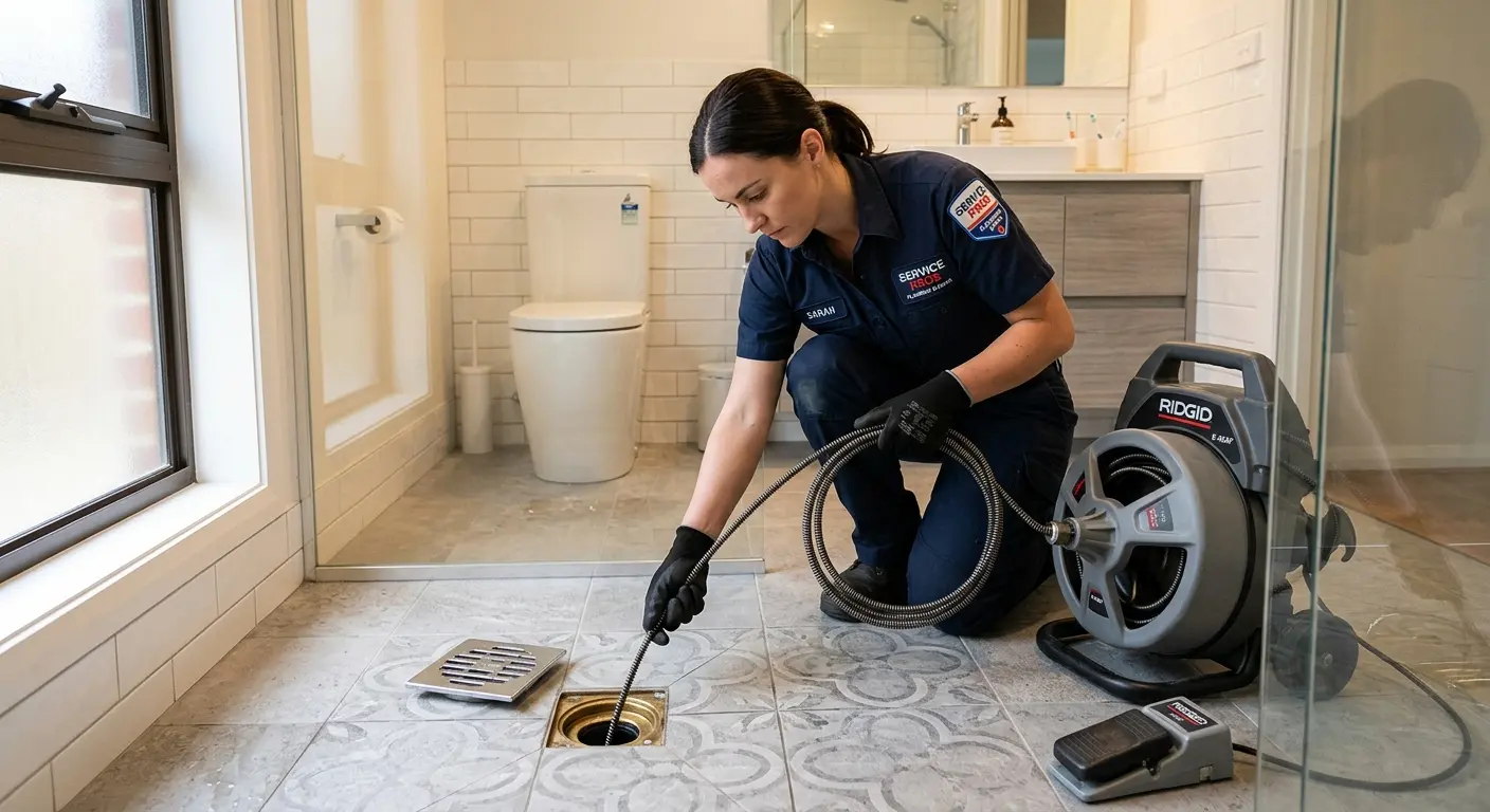Technician clearing a bathroom floor drain for Drain Cleaning in East Alton